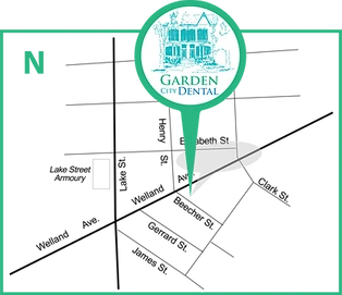 Map showing Garden City Dental location on Welland Ave